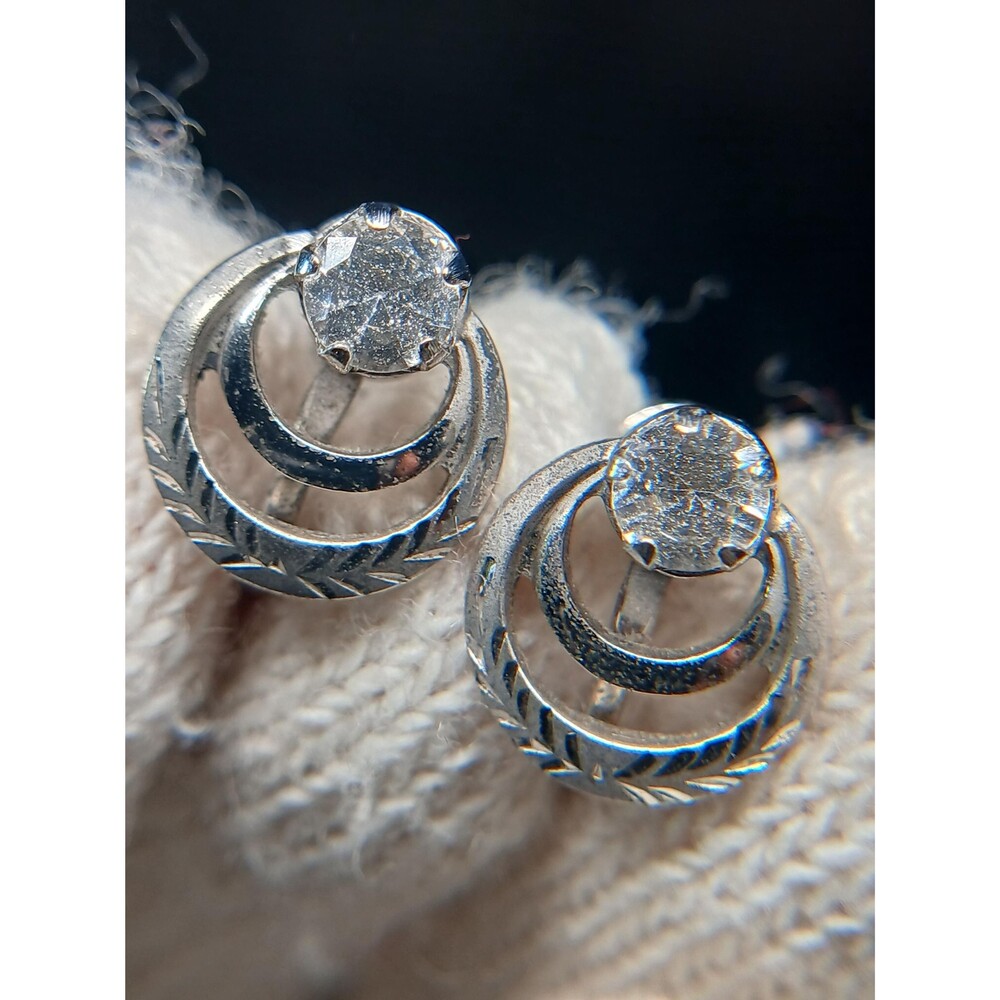 Sterling Silver 925 CZ Etched Double Open Circle Screwback Earrings .5"